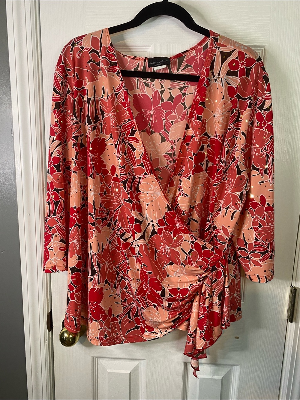 Brittany Black Floral Wrap Blouse - Red & Peach Size 2X.